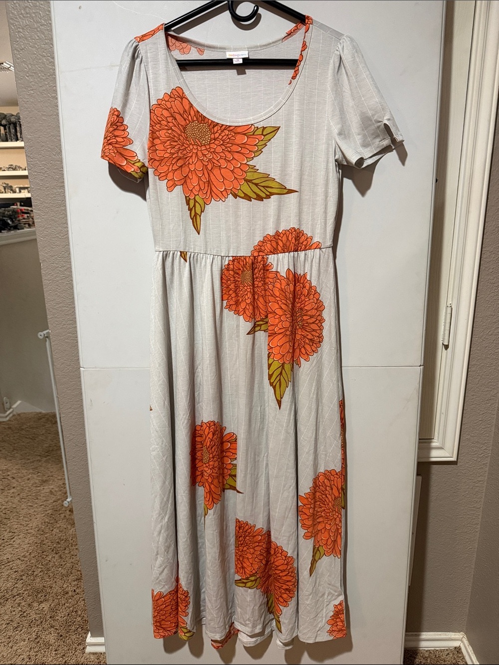 LuLaRoe Riley Medium Maxi Dress with Orange Floral Print on Light Gray
